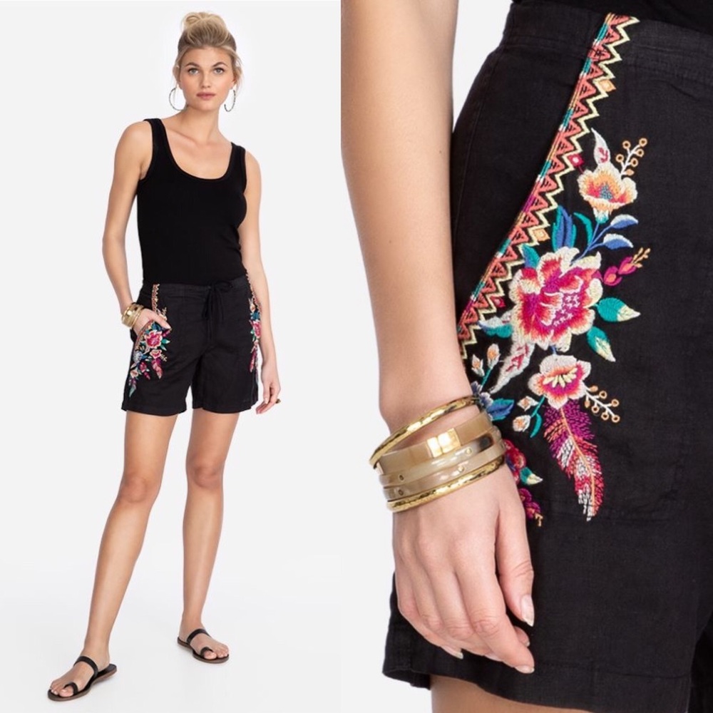 Johnny Was Black Linen Shorts with Multicolor Floral Embroidery